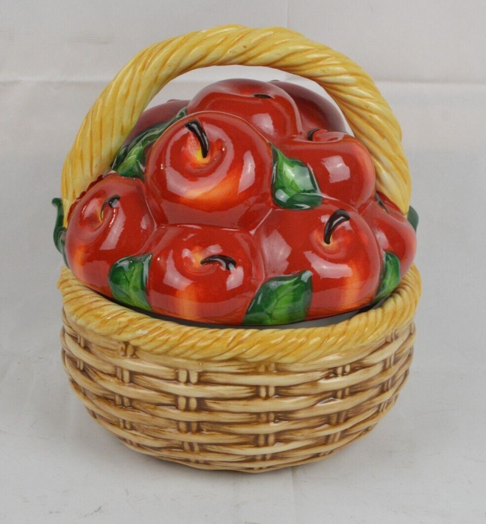 Vintage Ceramic Basket Red Apple Cookie Jar Biscuit Pot 3D